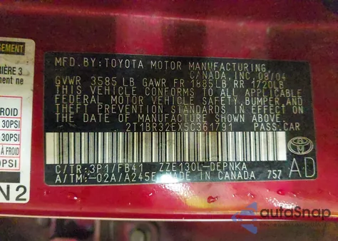 2005 Toyota Corolla Le из США, поврежденный, VIN 2T1BR32EX5C361791